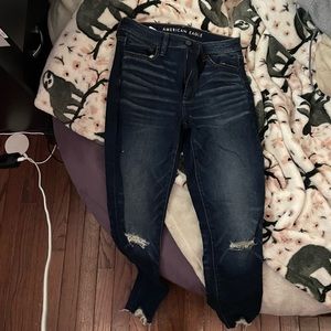 High wasted dark wash ripped jeans